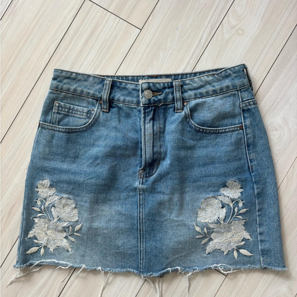 PacSun Blue Denim Skirt with White Floral Embroidery